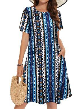 Women's Blue Baho Strapps Short Sleeve Floral Sundress Beach Cover Mini Dress